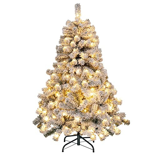 Goplus 4.5 FT Pre-Lit Snow Flocked Christmas Tree, Artificial Hinged Xmas Tree W/ 150 LED Lights, 295 Branch Tips, Non-Flammable PVC Leaves, Metal Stand, Xmas Holiday Decor for Office Home | Amazon (US)