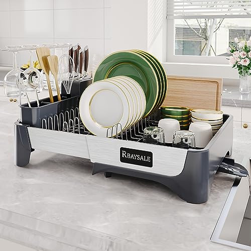 RBAYSALE Large Expandable Stainless Steel Dish Rack With Aluminum Pull Plate, Wine Glass Holder and Utensil Holder | Amazon (US)