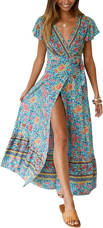 ECOWISH Womens Dresses Bohemian Wrap V Neck Short Sleeve Ethnic Style High Split Beach Maxi Dress | Amazon (US)