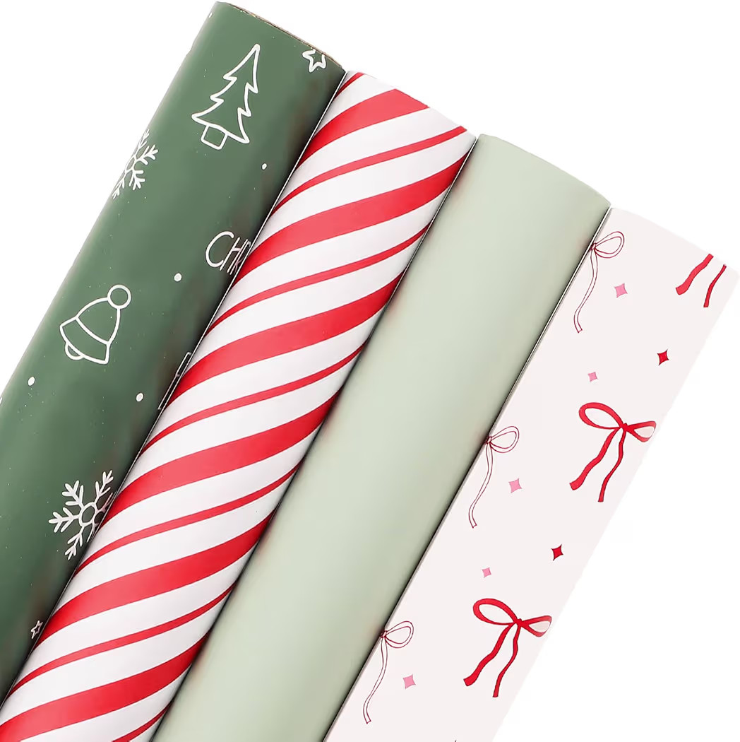woric Christmas Wrapping Paper Jumbo Rolls Cute Sage Green White Bows Snowman and Red Stripes Des... | Amazon (US)