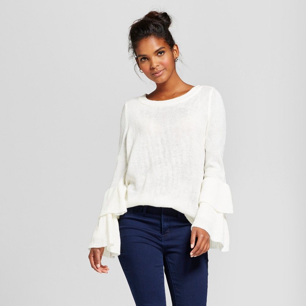 Women's Tiered Ruffle Sleeve Drop Shoulder Sweater - Almost Famous (Juniors') White L, Beige | Target