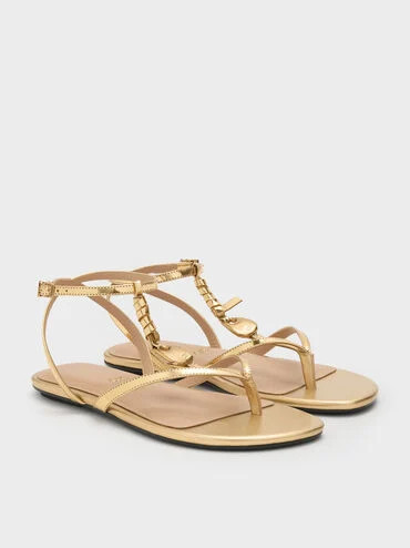 Adema Metallic Leather Strappy Thong Sandals
    
         - Gold | Charles & Keith UK