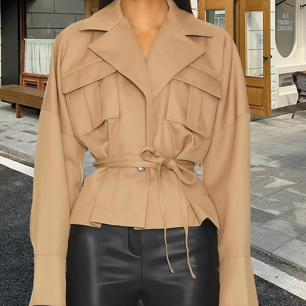 Wuitrie Women's Fall Solid Color Casual Coat Long Sleeve Lapel Tie-Waist Belted Jacket Sexy Stree... | Amazon (US)