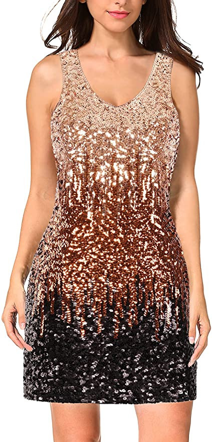 MANER Women's V Neck Gradient Sequin Dress Sparkle Glitter Bodycon Club Party Tank Dresses | Amazon (US)