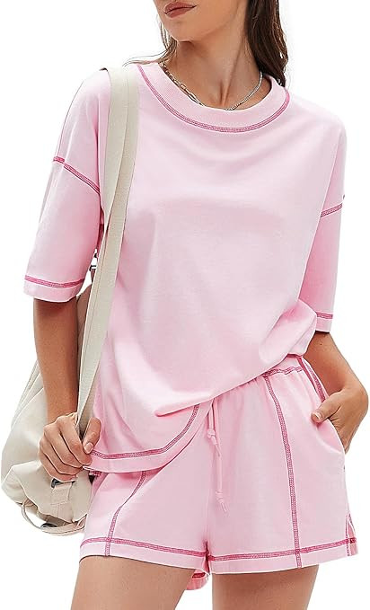 EXLURA Women's Casual Summer 2 Piece Sets 100% Cotton Short Sleeve Tshirt and Shorts Matching Swe... | Amazon (US)