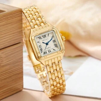 Luxurious Diamond-encrusted Ladies' Square Steel Strap Watch With Simple Design, Gift Box And Adj... | SHEIN