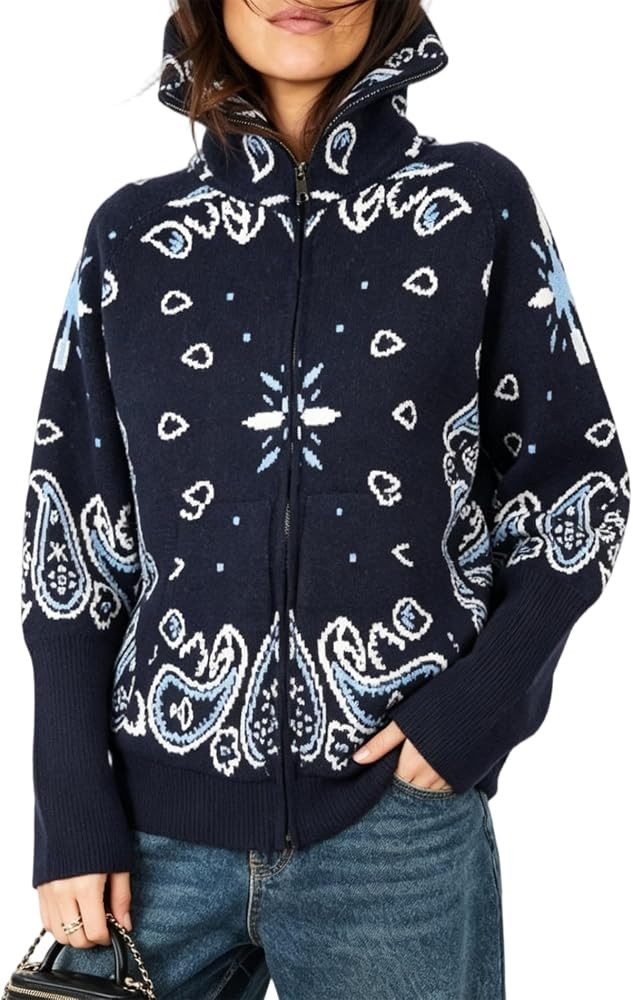 Songling Women's Zip Up Cardigan Sweaters Casual Patterned Stand Collar Sweater Fall Trendy Cool ... | Amazon (US)