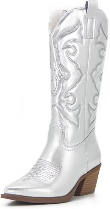 AMINUGAL Womens Embroidered Western Mid Claf Boots Pointed Toe Pull On Calf Chunky Heel Fashion C... | Amazon (US)