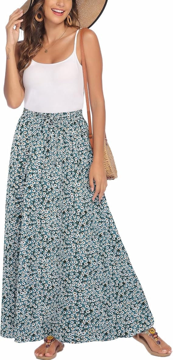 Bluetime Women Flowy Long Skirts Summer Beach Pleated Elastic High Waisted Casual Maxi Skirts | Amazon (US)