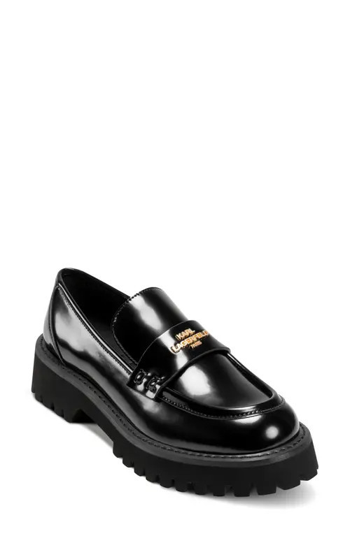 KARL LAGERFELD PARIS Gwen Logo Faux Leather Loafer in Black at Nordstrom, Size 7.5 | Nordstrom