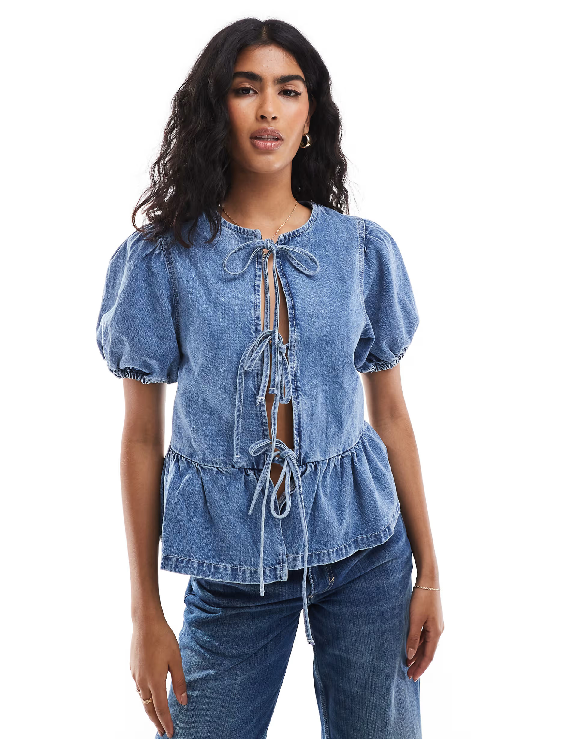 ASOS DESIGN puff sleeve denim blouse with tie front | ASOS (Global)
