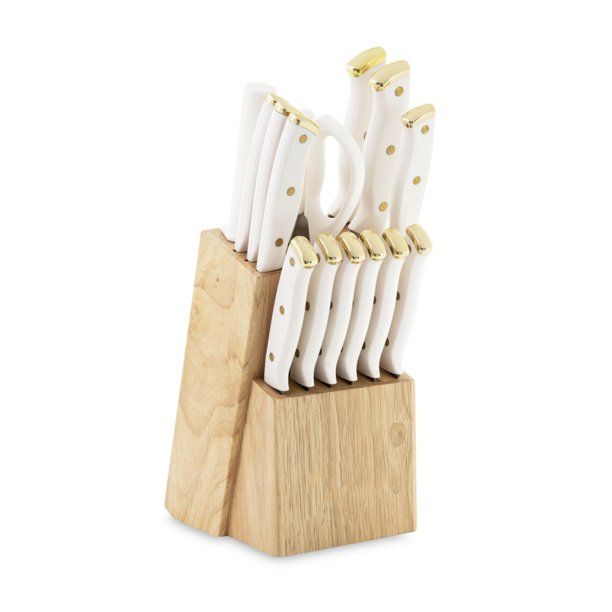 Triple Riveted Knife Block Set 15-piece in White and Gold | Walmart (US)