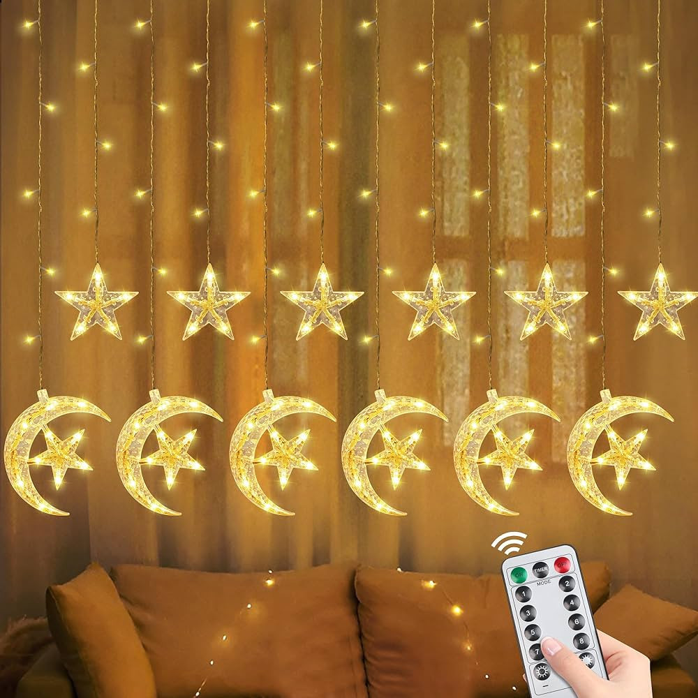 [Timer & 8 Modes] Ramadan Lights Decorations, 138 LED Moon Star Curtain Lights, Battery Operated ... | Amazon (US)