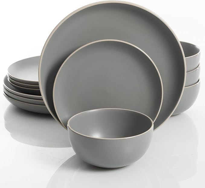 Gibson Home Rockaway 12-Piece Dinnerware Set Service for 4, Grey Matte - | Amazon (US)