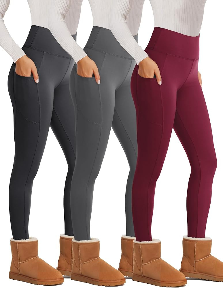 Showitty 3 Pack Fleece Lined Leggings Women with Pockets - High Waisted Plus Size Winter Thermal ... | Amazon (US)