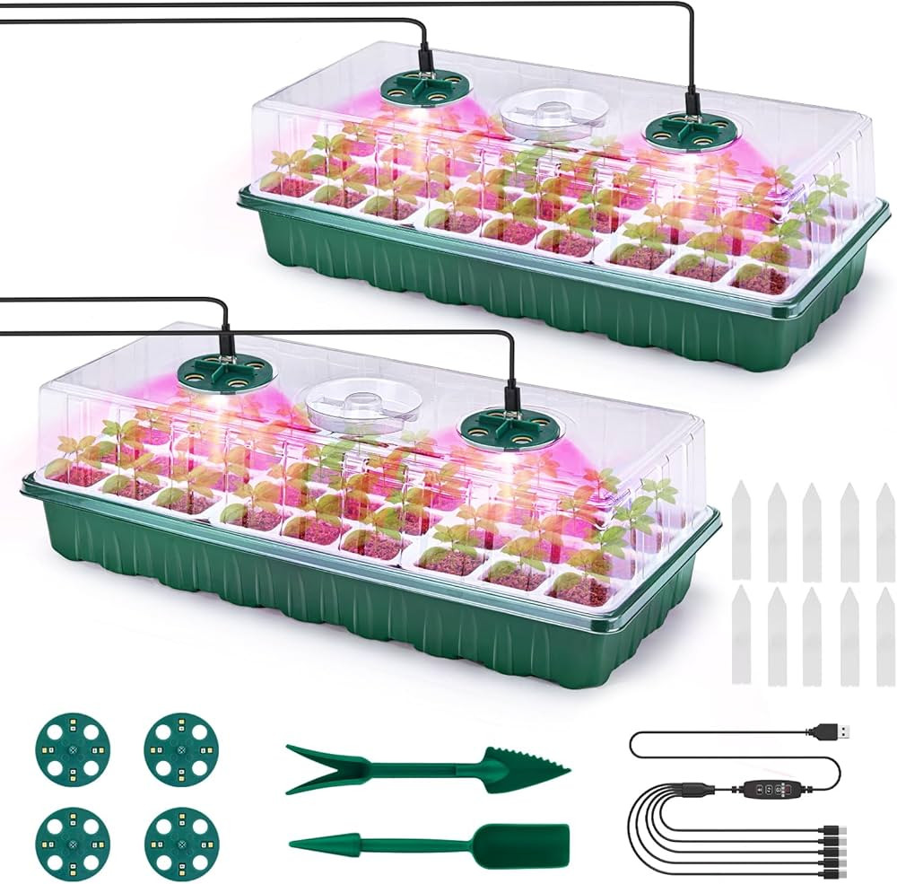 2 Packs Seed Starter Tray with Grow Lights, 72 Cells Silicone Seed Starter Kits with Humidity Dom... | Amazon (US)