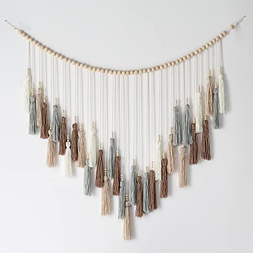 SOONOW Boho Wall Decor - Large Macrame Tassel Wall Hanging, Yarn Tassels Garland with Wood Beads ... | Amazon (US)