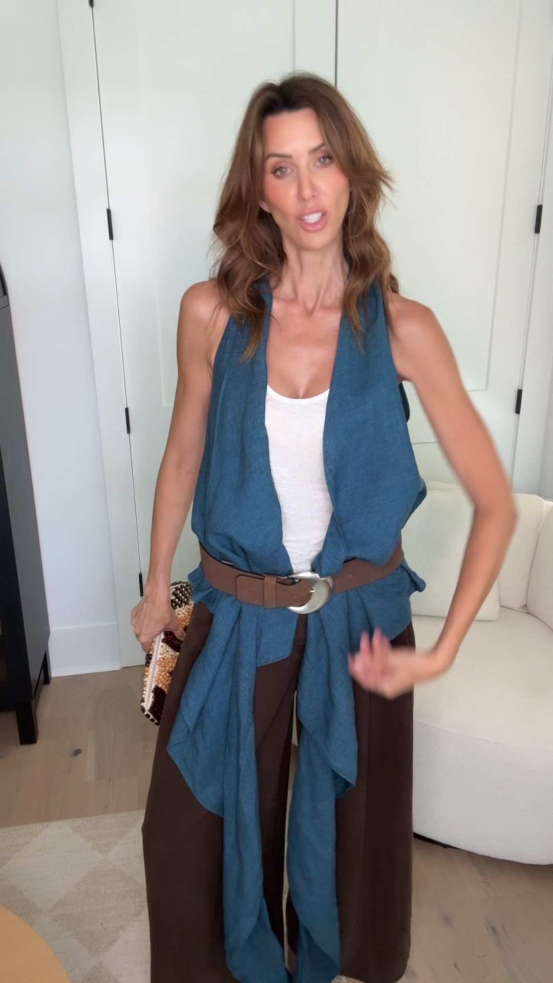 blue linen vest restocking
