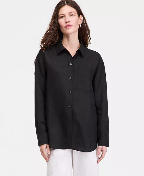 Women's Linen-Blend Relaxed Oversized Button-Down Shirt | Macy's