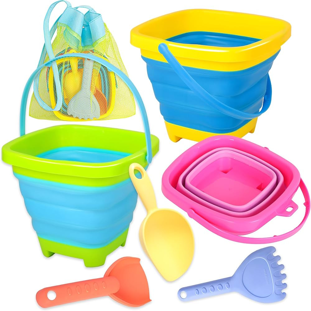 Collapsible Beach Sand Bucket 3 Packs Foldable Buckets Set with Shovels & Mesh Bag Collapsible Be... | Amazon (US)