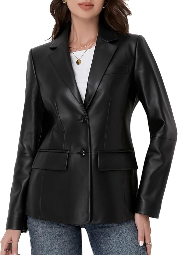 SILVER FASHIONS Lambskin Leather Jacket Women,Long Sleeve Button Front Leather Blazer,Notched Lap... | Amazon (US)