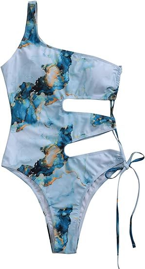 SweatyRocks Women's One Piece Swimsuit One Shoulder Cut Out Leopard Tie Waist Bathing Suits Monok... | Amazon (US)
