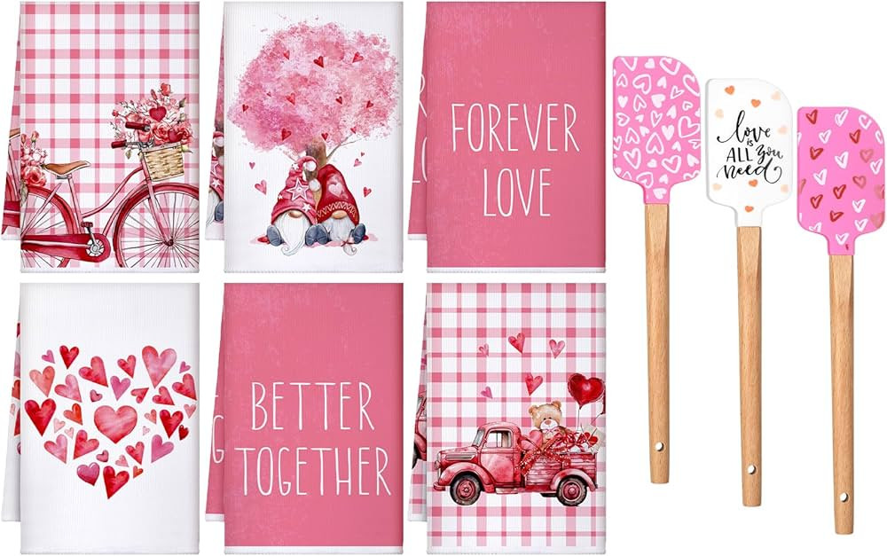 9 Pcs Pink Valentine's Day Kitchen Accessories Decor 6 Kitchen Towels 3 Heart Silicone Spatulas w... | Amazon (US)