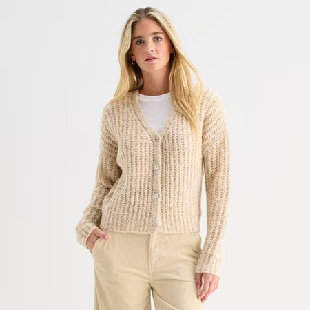 a.n.a Womens V Neck Long Sleeve Button Cardigan, Small, Beige | JCPenney