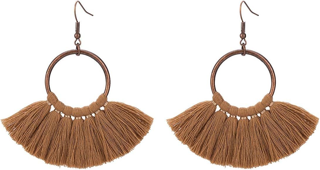 Fan Tassel Fringe Drop Earrings Dangle Chandelier for Women, Girls (Cafe) | Amazon (US)