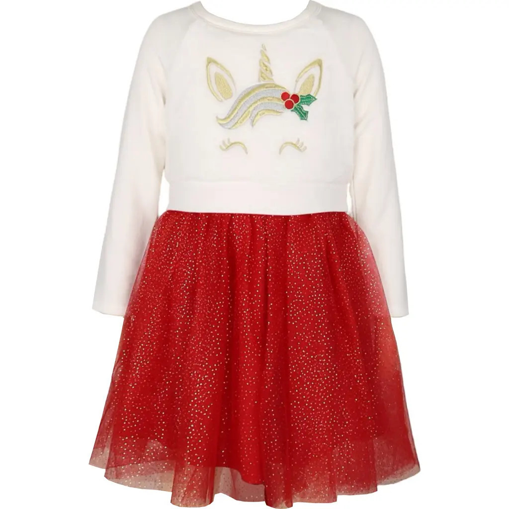 Zunie Kids' Unicorn Embroidered Long Sleeve Plissé Dress in Cream/Red at Nordstrom Rack, Size 4T | Nordstrom Rack