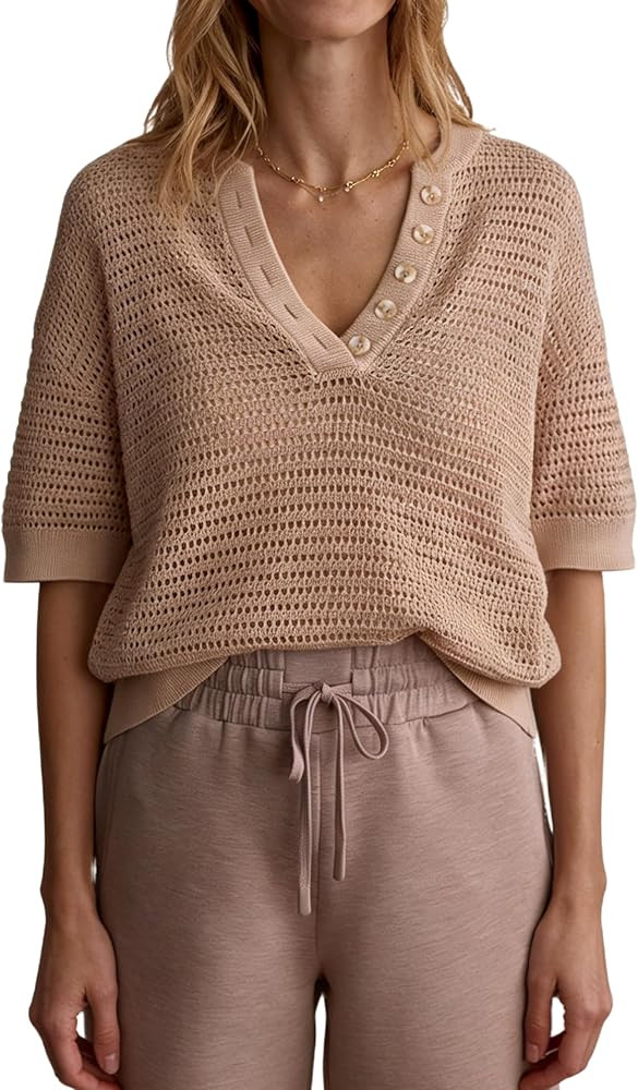 Dqbeng Crochet Tops for Women V Neck Short Sleeve Open Knit Sweater Lightweight Summer Pullover B... | Amazon (US)