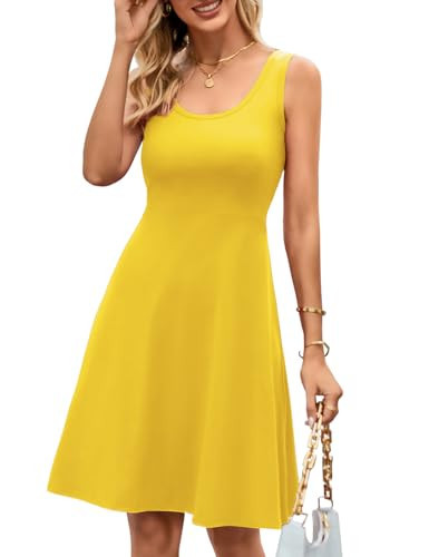 Herou Yellow Dress for Women Cotton A Line Round Neck Summer Sundress Yellow Medium | Amazon (US)