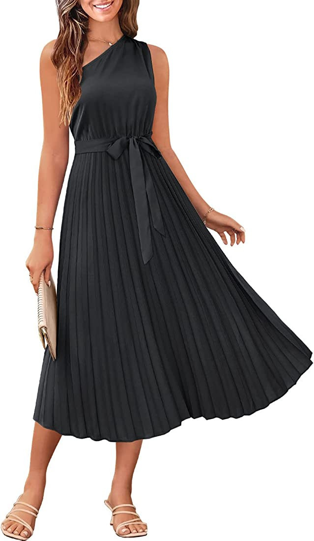 MIHOLL Women's 2023 Summer Dress Casual One Shoulder Sleeveless Midi Dress Tie Waist A Line Long ... | Amazon (US)