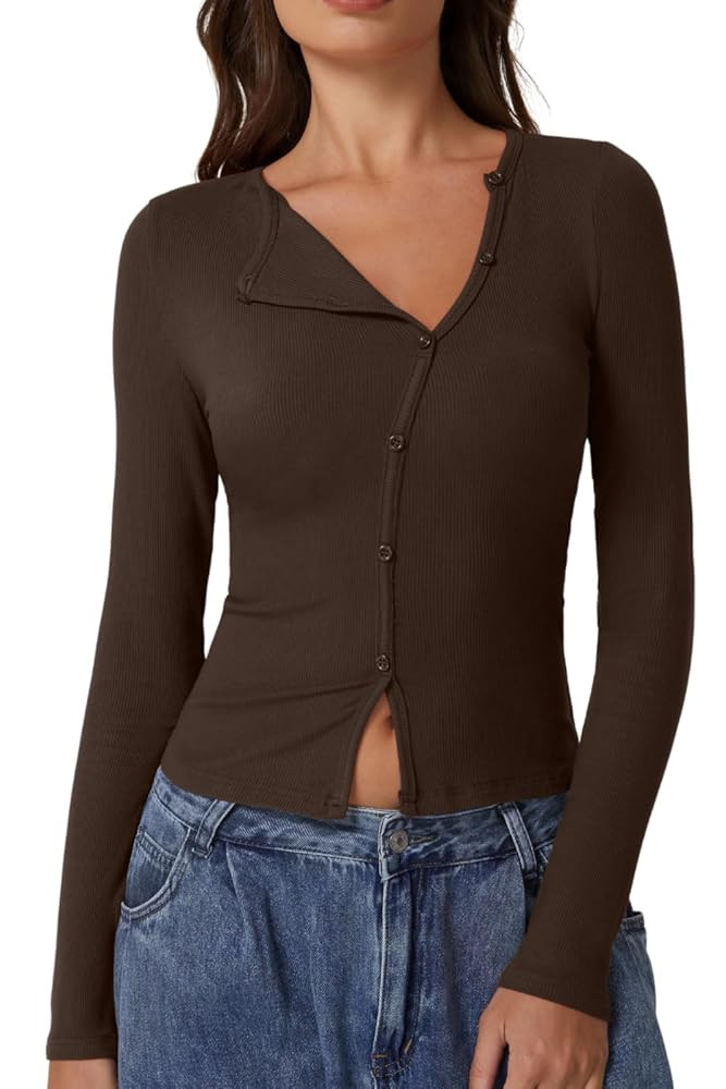 QINSEN Women's Long Sleeve Ribbed Crewneck Shirts Upper Button Fastening Going Out Tops | Amazon (US)