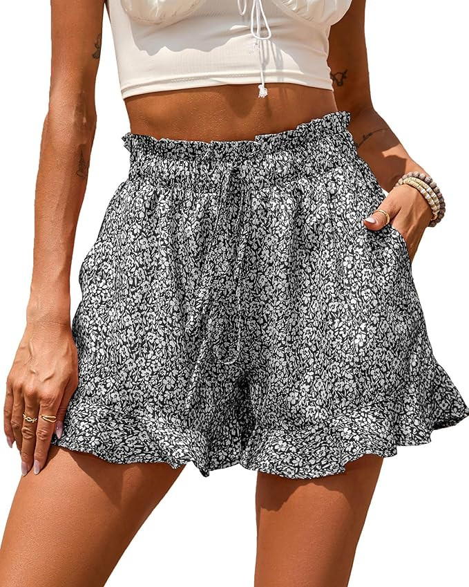 BTFBM Shorts for Women Spring Summer 2026 Beach Vacation Clothes Boho Floral Belted Casual Ruffle... | Amazon (US)