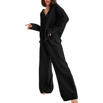 codcm Womens Cotton Gauze Loungewear Sets Casual 2 Piece Sleepwear Button Down Shirt and Wide Leg... | Amazon (US)