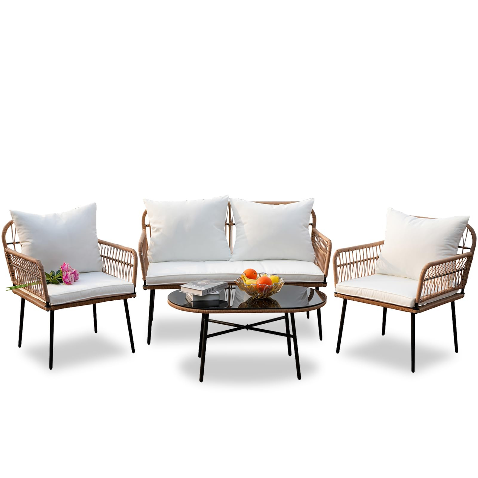 Homsido 4PC Patio Furniture Conversation Set Boho Style,Outdoor Wicker Chairs with White Washable... | Amazon (US)