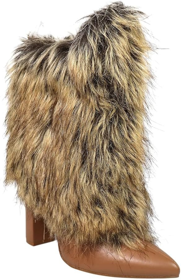 Women Mid Calf Faux Fur Chunky Block Heel Ankle Boots With Full Side Zipper | Amazon (US)