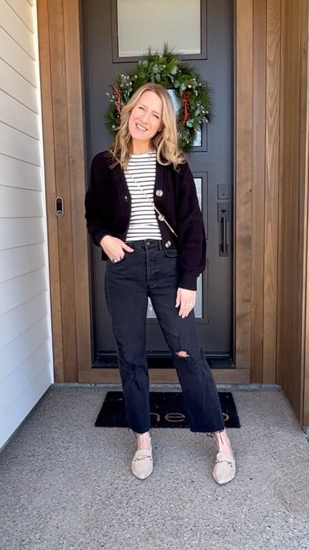 This striped tank top paired with a black chunky cardigan and Agolde high waisted distressed denim jeans. Add some mules and a cute purse. #agolde90s #striped #h&mstyle #mules

#LTKunder100 #LTKstyletip #LTKFind