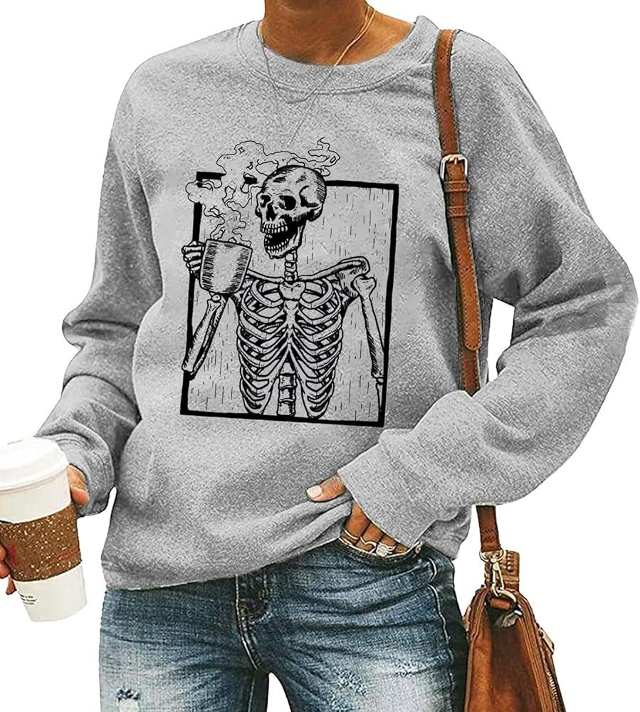 FCDIED Hot Coffee Skeleton Sweatshirt Women Halloween Horror Skull Graphic Tees Coffee Lovers Fal... | Amazon (US)