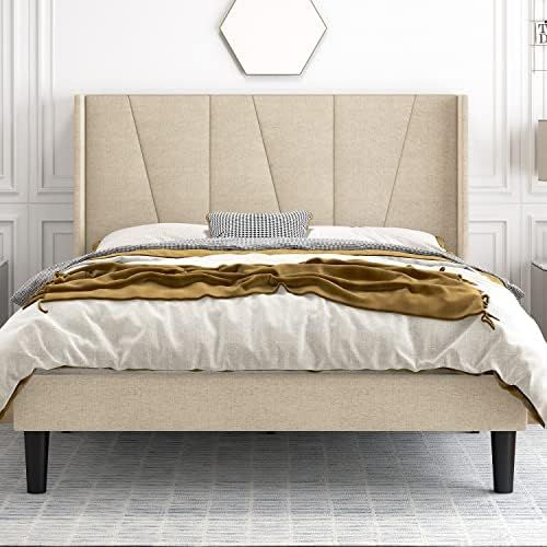 HOOMIC Full Size Upholstered Platform Bed Frame with Modern Geometric Wingback Headboard, Wooden ... | Amazon (US)