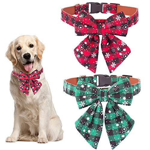 ADOGGYGO 2 Pack Christmas Dog Collar with Bow Tie, Classic Plaid Red Green Dog Collars with Removable Bowtie Christmas Collars for Small Dogs Pets (Small, Christmas Bow-2) | Amazon (US)