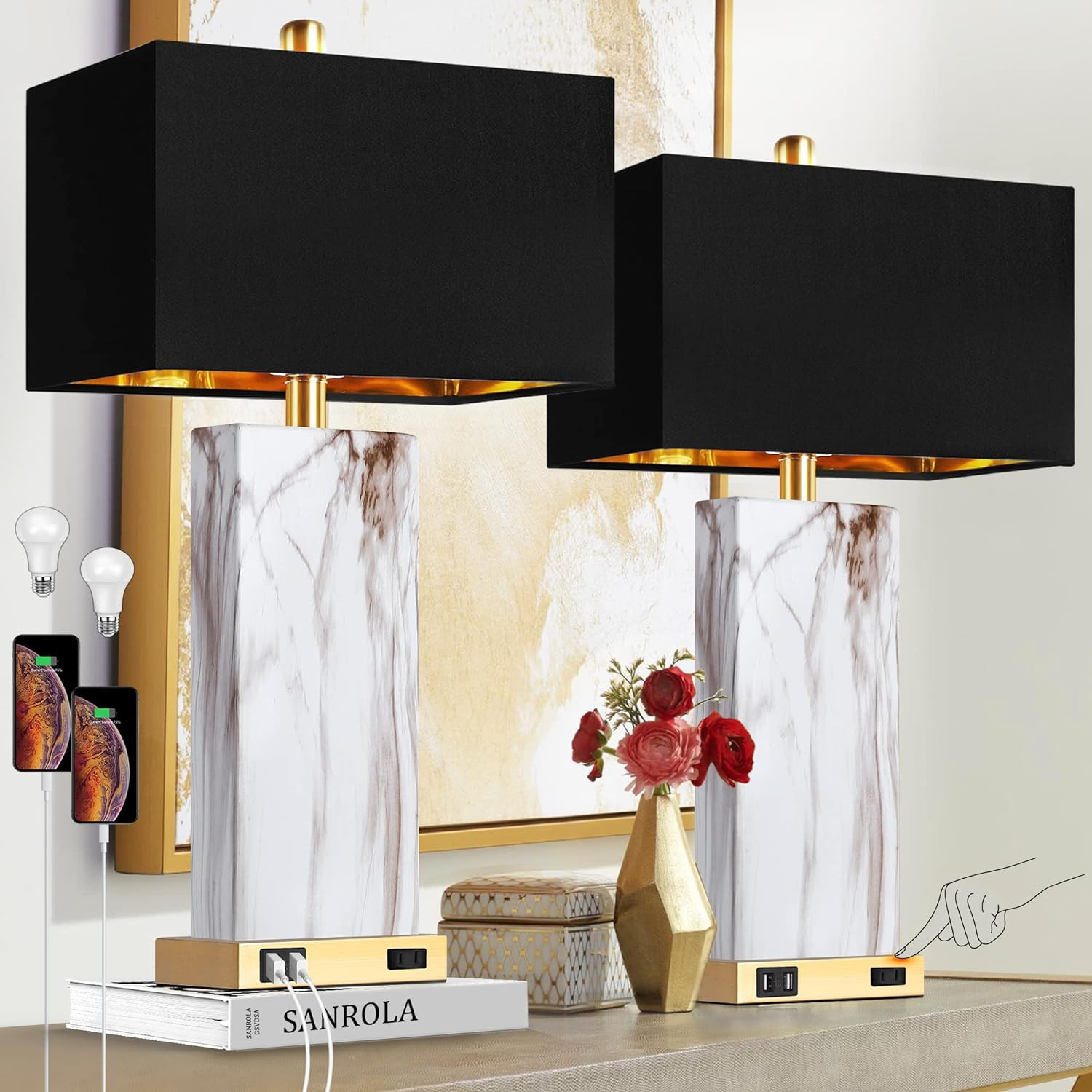 Cinoton Touch Control Table Lamps Set of 2 Modern Contemporary Bedside Lamp with 2 USB Ports 1 AC Outlet 3-Way Dimmable Nightstand Lamp Faux Marble | Lowe's