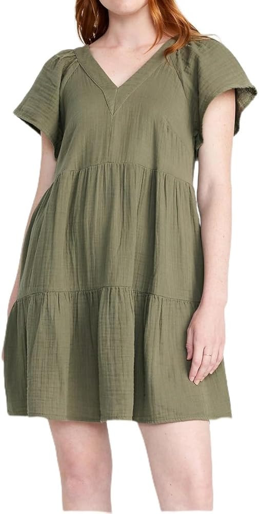 Womens Summer Dresses 2024 Trendy Tie Back Cotton V Neck Short Sleeve Shirred Seams Casual Swing ... | Amazon (US)