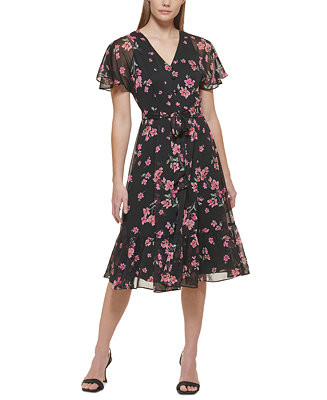 Calvin Klein Women's Floral Flutter-Sleeve Midi Dress - Macy's | Macy's