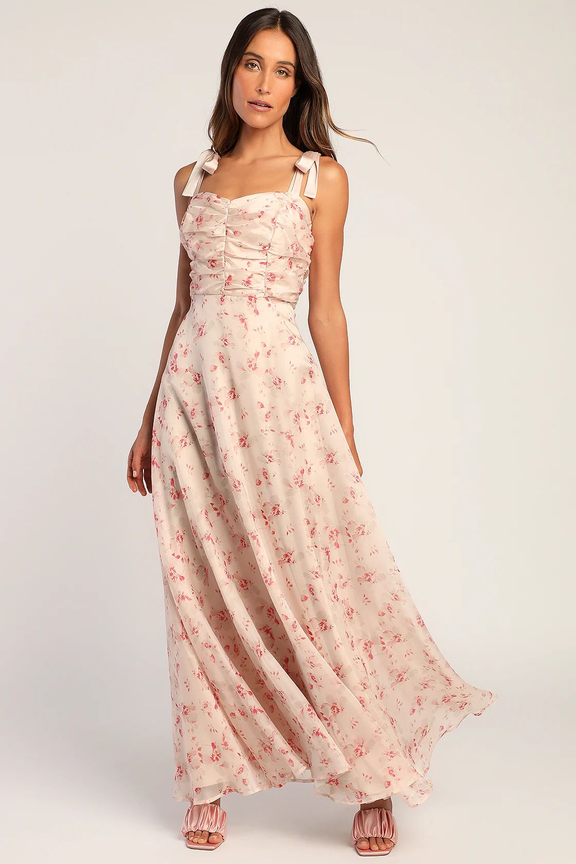 Best Memories Blush Floral Print Organza Tie-Strap Maxi Dress | Lulus (US)