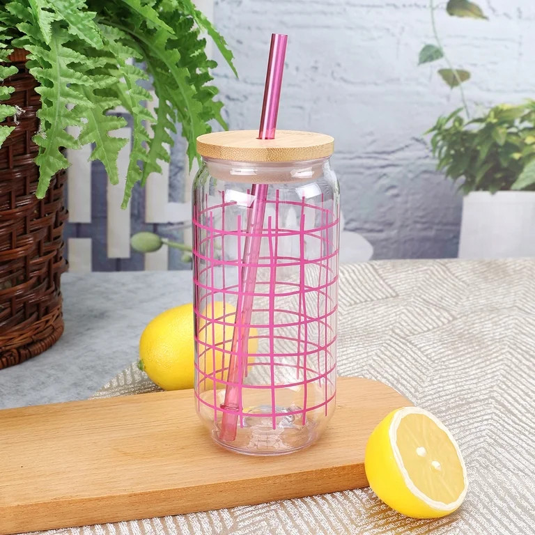 Mainstays 20-Ounce Acrylic Can Shape Tumbler, Pink Grid Pattern | Walmart (US)