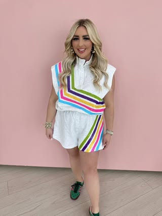 Grey Multi Diagonal Stripe Henley Short- Queen Of Sparkle Large | Extremely Refined Boutique