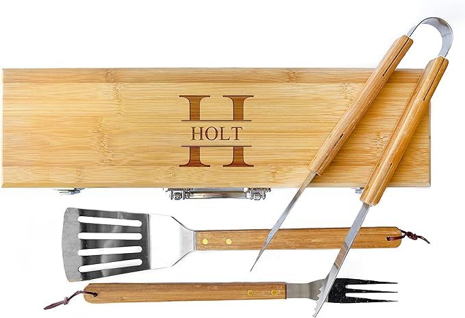 Personalized Grill Set for Men, BBQ Set with Custom Engraved Wooden Case Holder (Stamped Design) ... | Amazon (US)