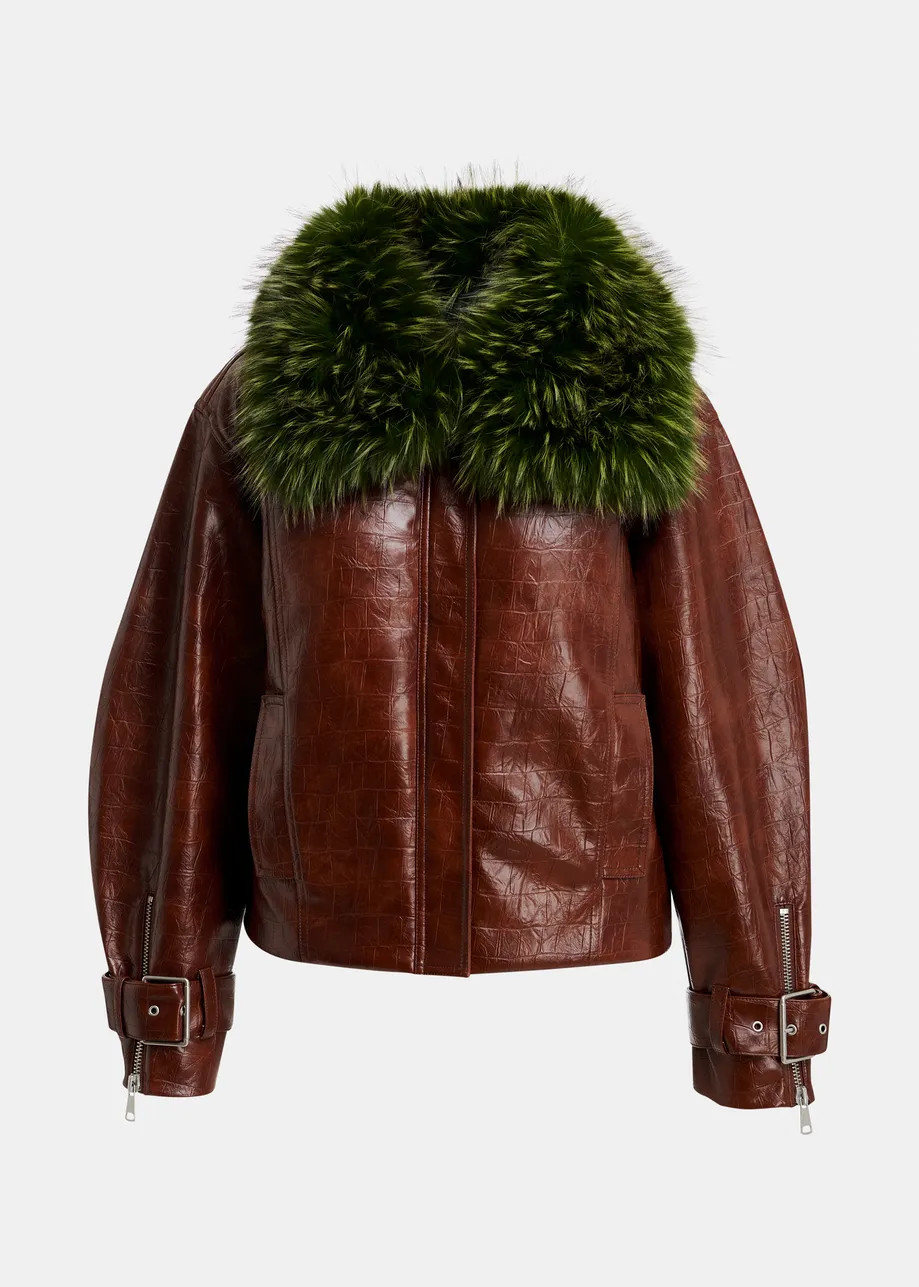 Brown faux leather jacket with green faux fur collar | Essentiel Antwerp United States | Essentiel Antwerp